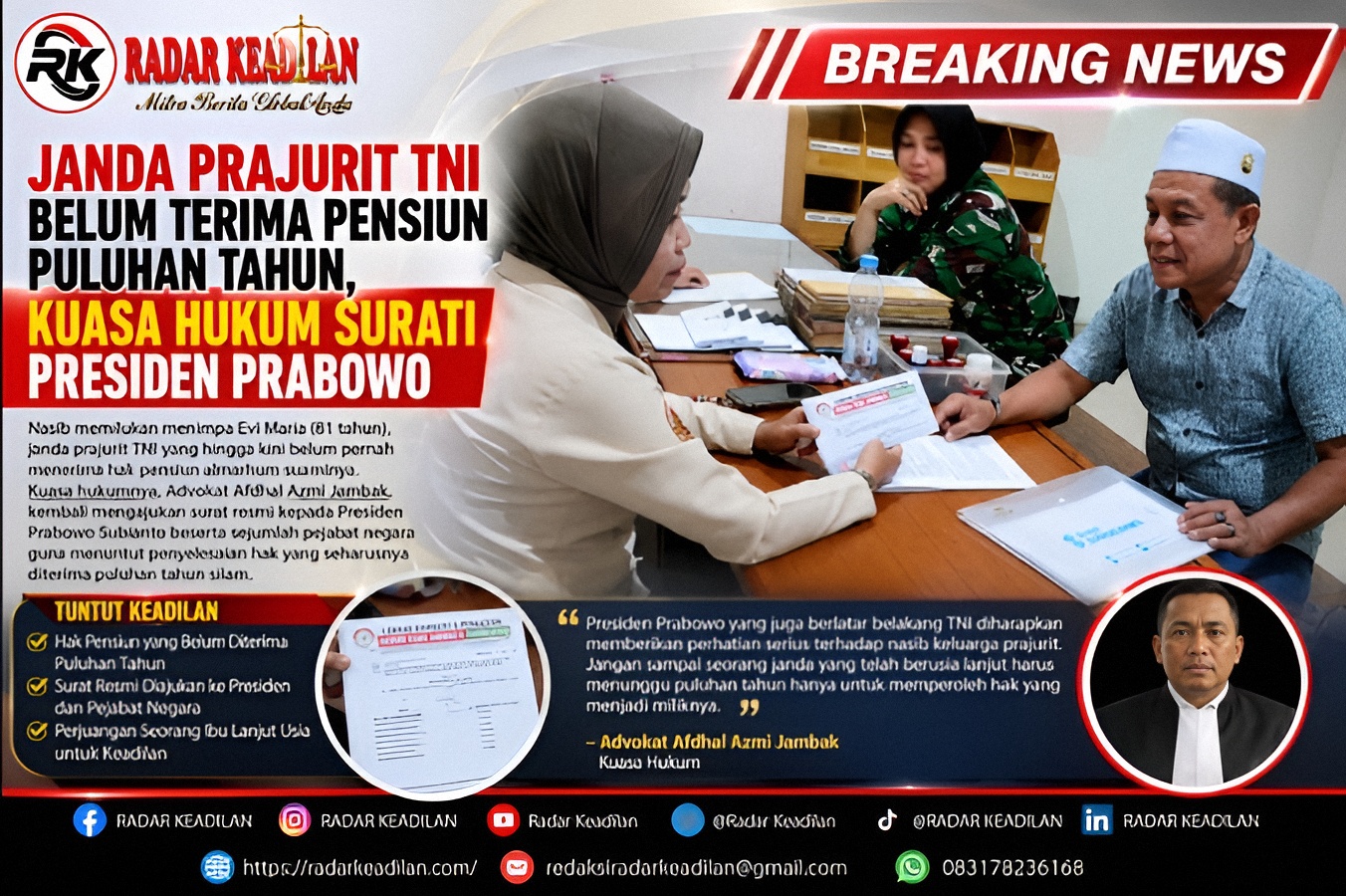 Janda Prajurit TNI Belum Terima Pensiun Puluhan Tahun, Kuasa Hukum Surati Presiden Prabowo