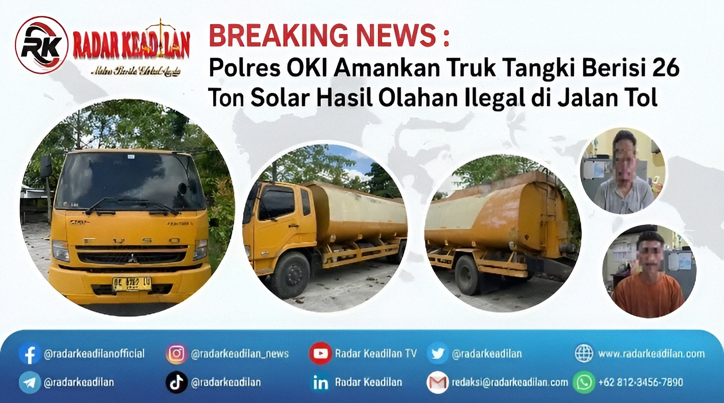 Polres OKI Amankan Truk Tangki Berisi 26 Ton Solar Hasil Olahan Ilegal di Jalan Tol