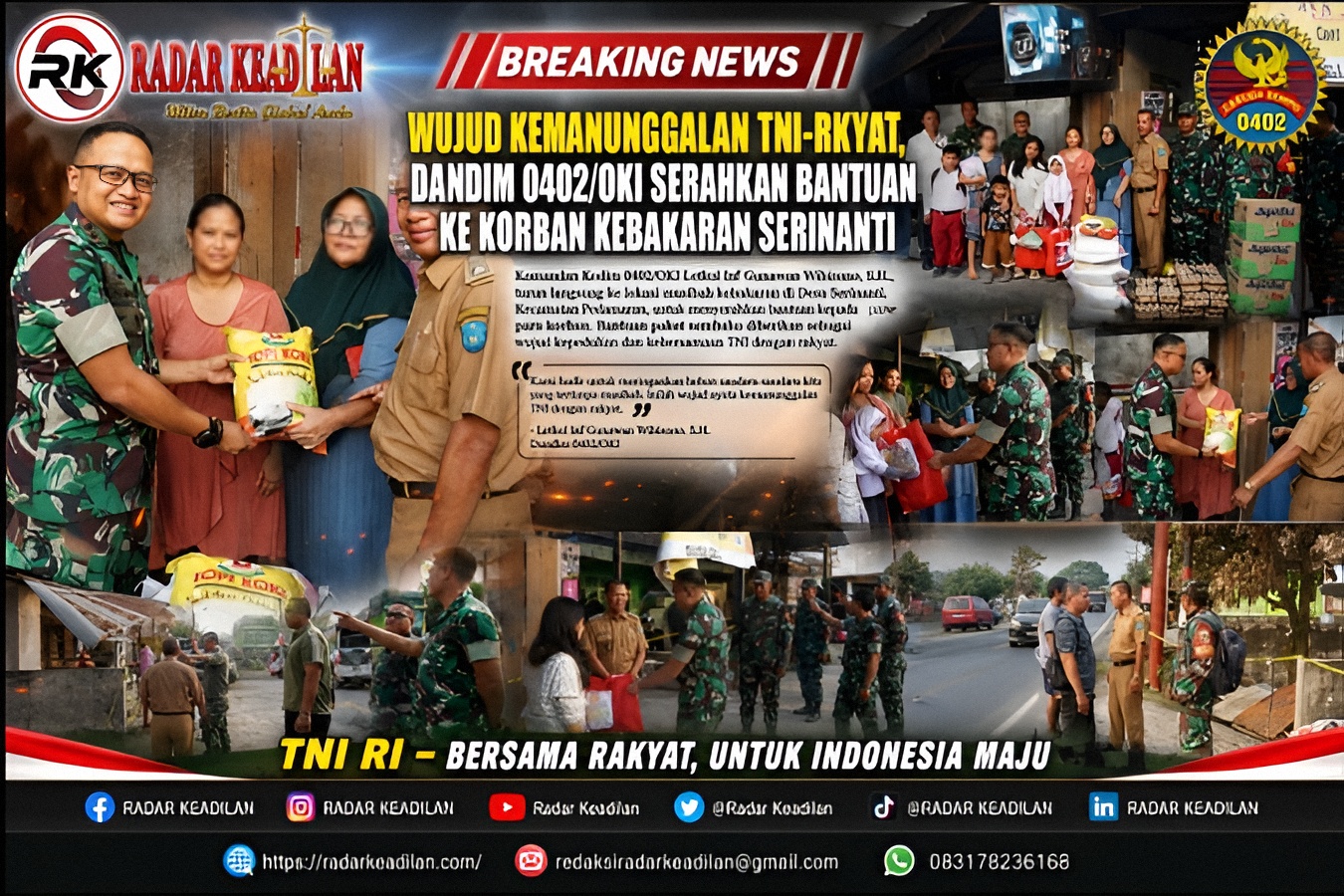 Wujud Kemanunggalan TNI-Rakyat, Dandim 0402/OKI Serahkan Bantuan ke Korban Kebakaran Serinanti