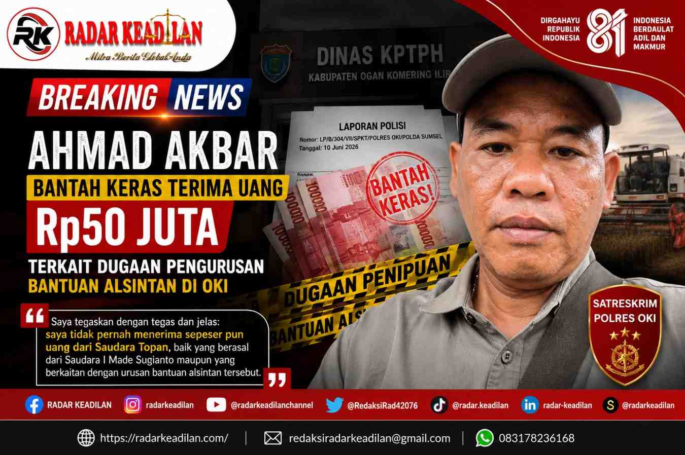 Ahmad Akbar Bantah Keras Terima Uang Rp50 Juta Terkait Dugaan Pengurusan Bantuan Alsintan di OKI