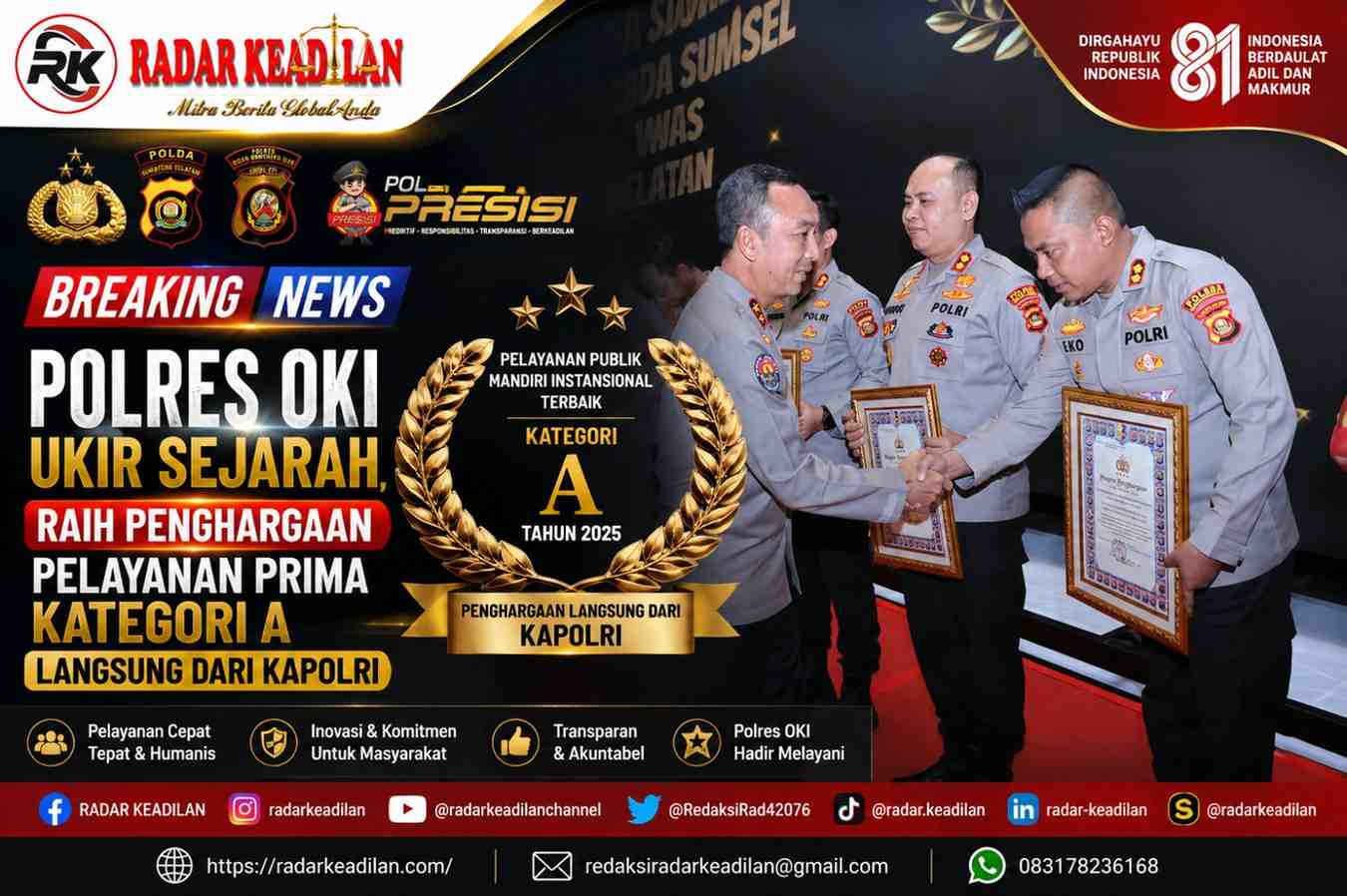 Polres OKI Ukir Sejarah, Raih Penghargaan Pelayanan Prima Kategori A Langsung dari Kapolri