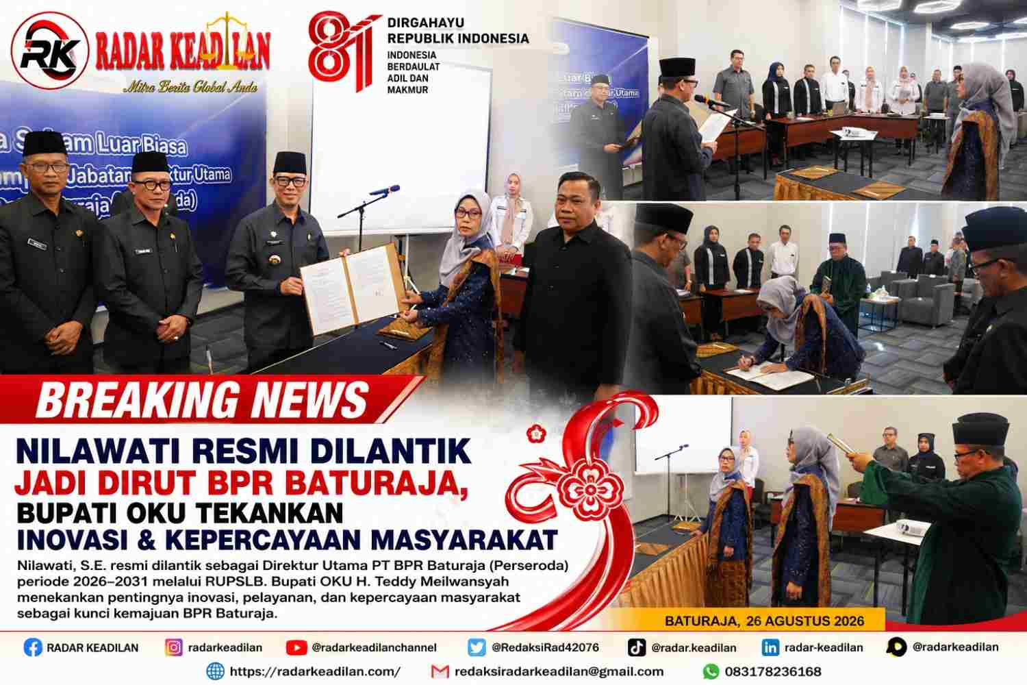 Nilawati Resmi Dilantik Jadi Dirut BPR Baturaja, Bupati OKU Tekankan Inovasi & Kepercayaan Masyarakat
