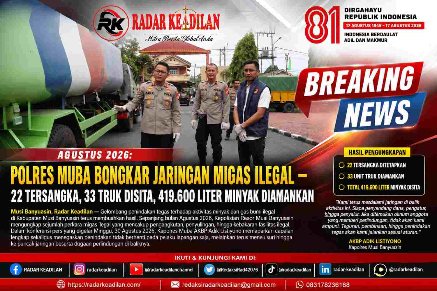 Agustus 2026: Polres Muba Bongkar Jaringan Migas Ilegal — 22 Tersangka, 33 Truk Disita, 419.600 Liter Minyak Diamankan