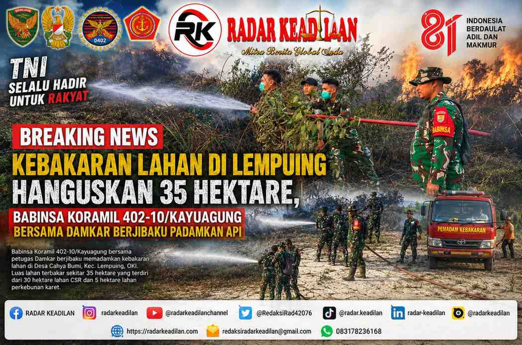 Kebakaran Lahan di Lempuing Hanguskan 35 Hektare, Babinsa Koramil 402-10/Kayuagung Bersama Damkar Berjibaku Padamkan Api