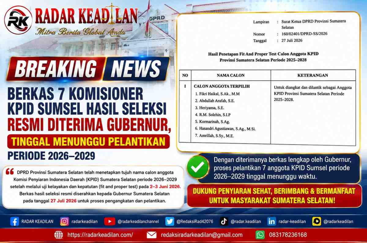Berkas 7 Komisioner KPID Sumsel Hasil Seleksi Resmi Diterima Gubernur, Tinggal Menunggu Pelantikan Periode 2026–2029