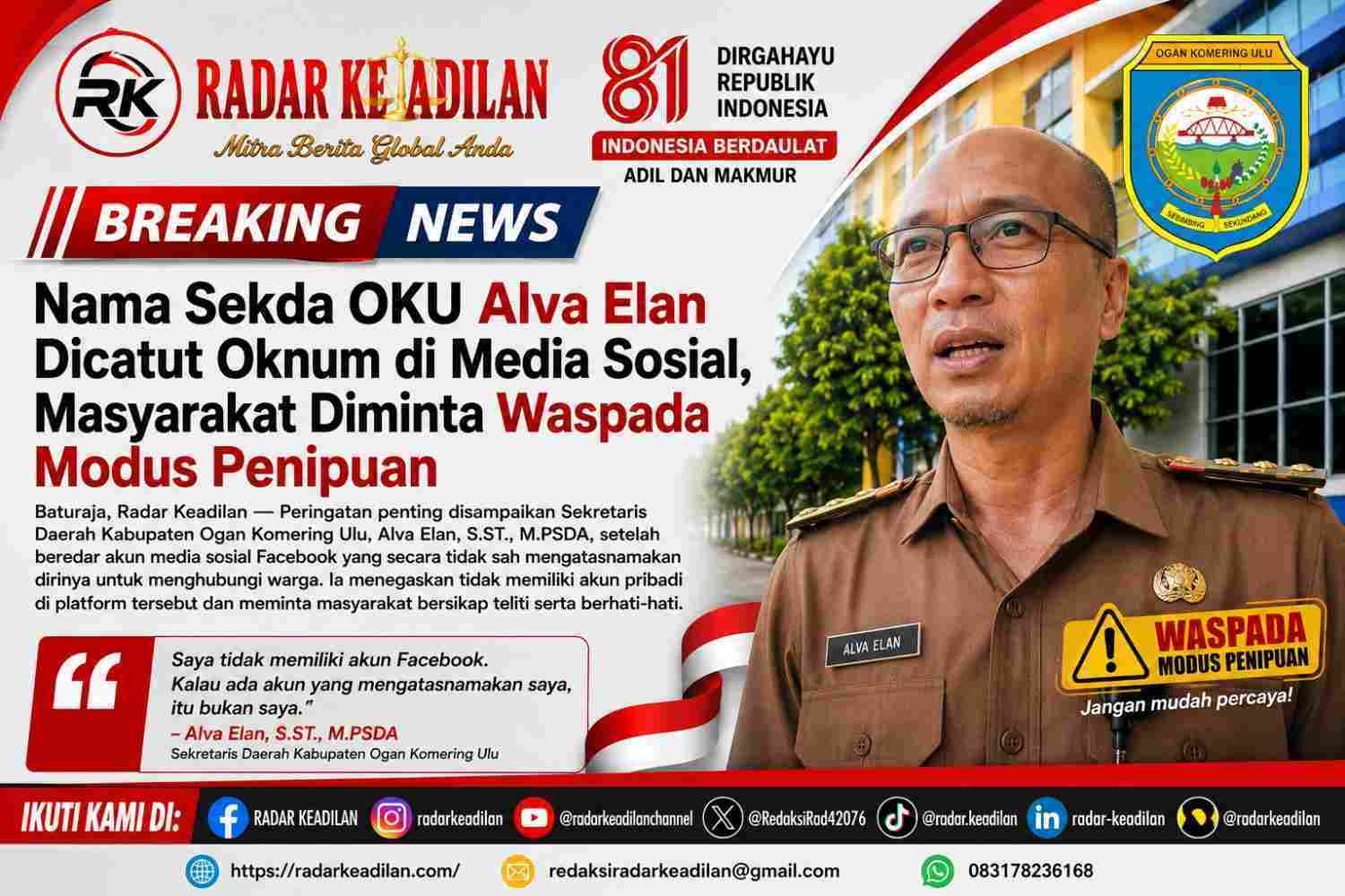 Nama Sekda OKU Alva Elan Dicatut Oknum di Media Sosial, Masyarakat Diminta Waspada Modus Penipuan
