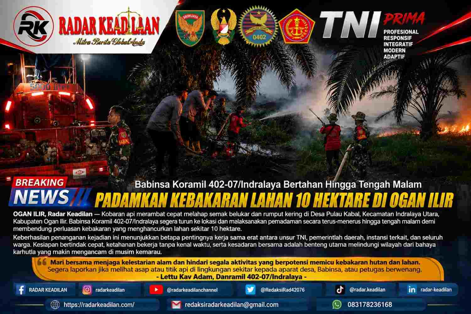 Babinsa Koramil 402-07/Indralaya Bertahan Hingga Tengah Malam Padamkan Kebakaran Lahan 10 Hektare di Ogan Ilir