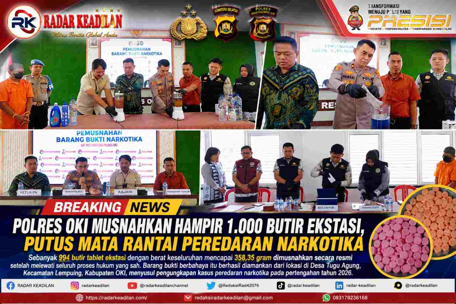 Polres OKI Musnahkan Hampir 1.000 Butir Ekstasi, Putus Mata Rantai Peredaran Narkotika