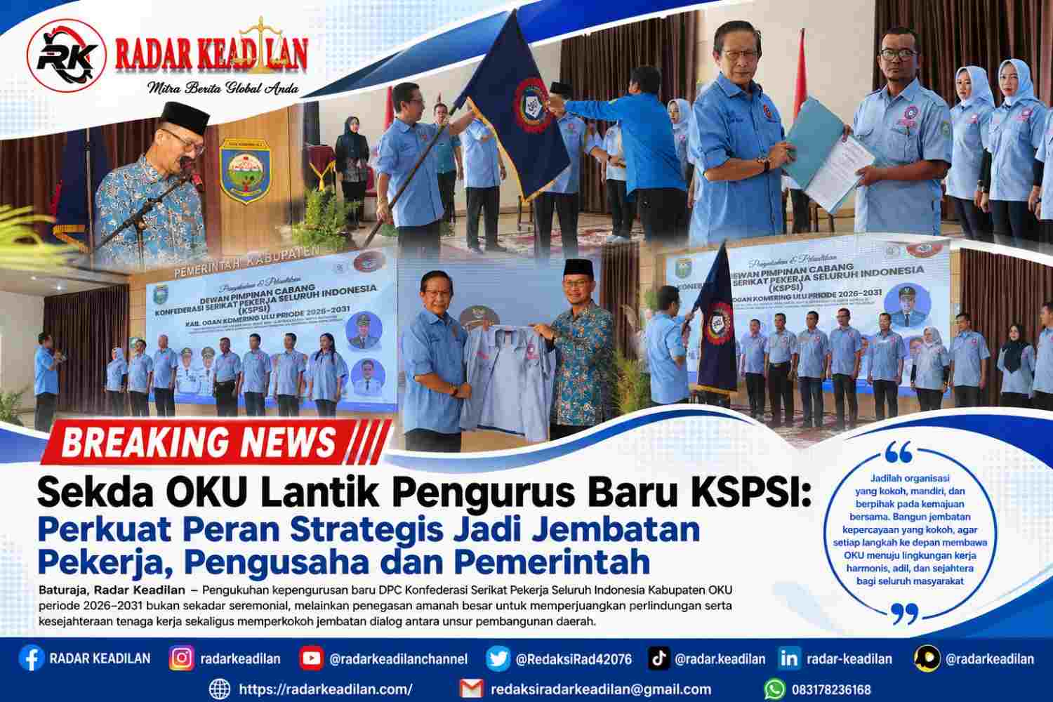 Sekda OKU Lantik Pengurus Baru KSPSI Perkuat Peran Strategis Jadi Jembatan Pekerja, Pengusaha dan Pemerintah