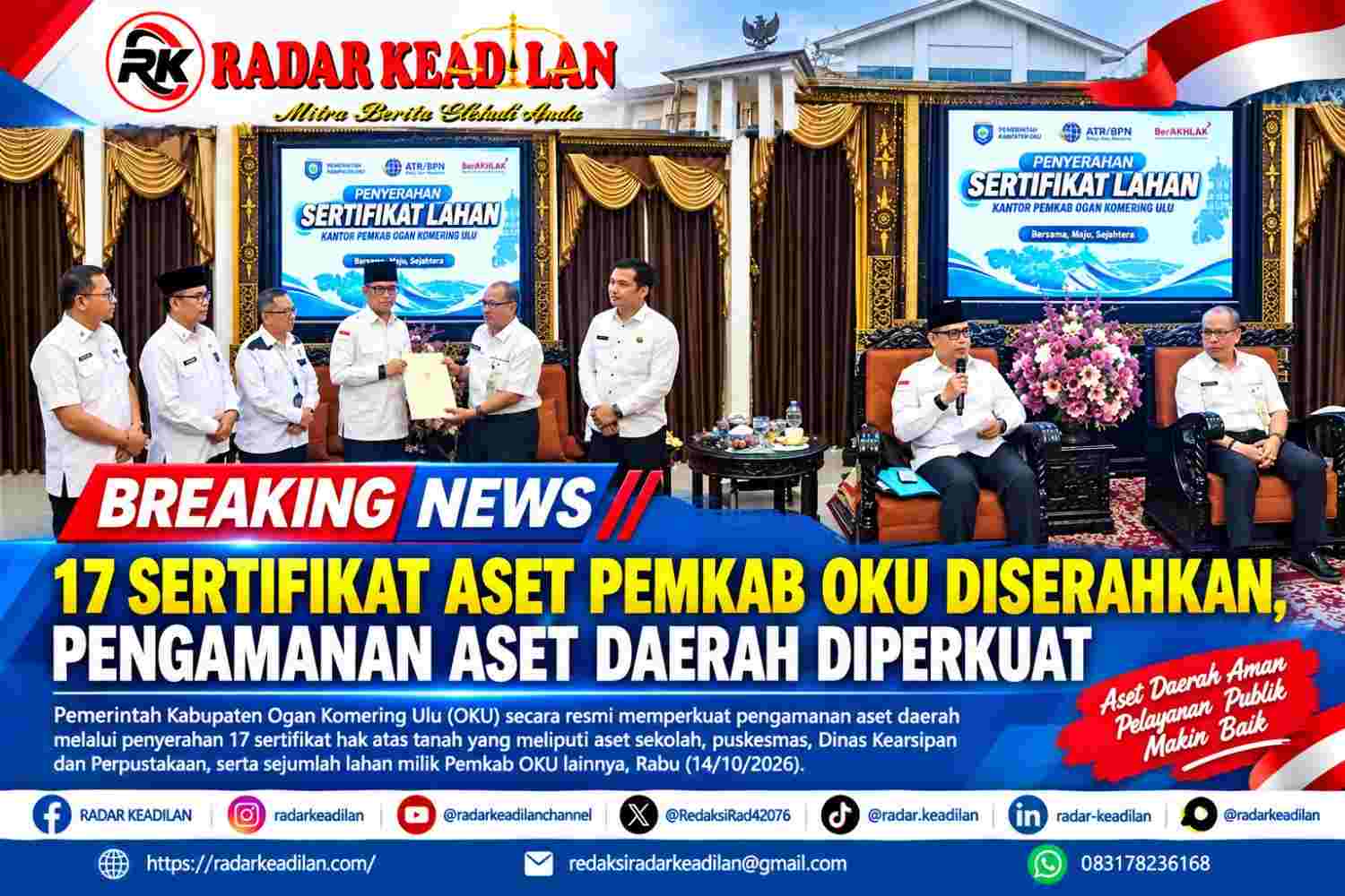 17 Sertifikat Aset Pemkab OKU Diserahkan, Pengamanan Aset Daerah Diperkuat
