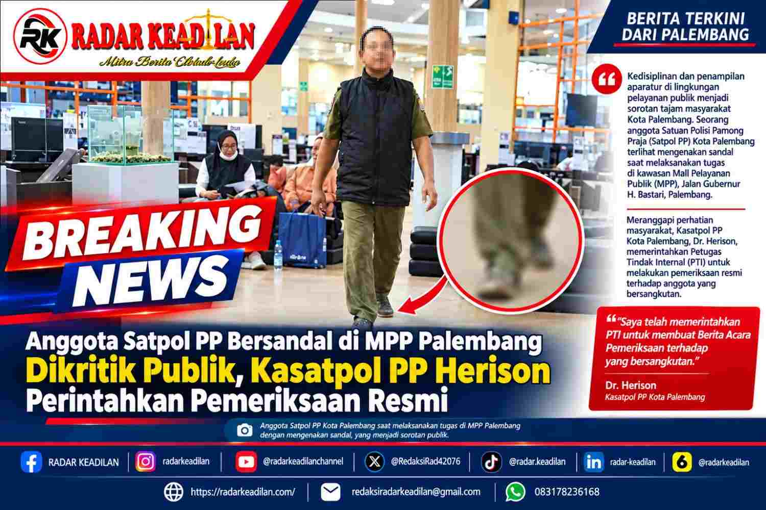 Anggota Satpol PP Bersandal di MPP Palembang Dikritik Publik, Kasatpol PP Herison Perintahkan Pemeriksaan Resmi