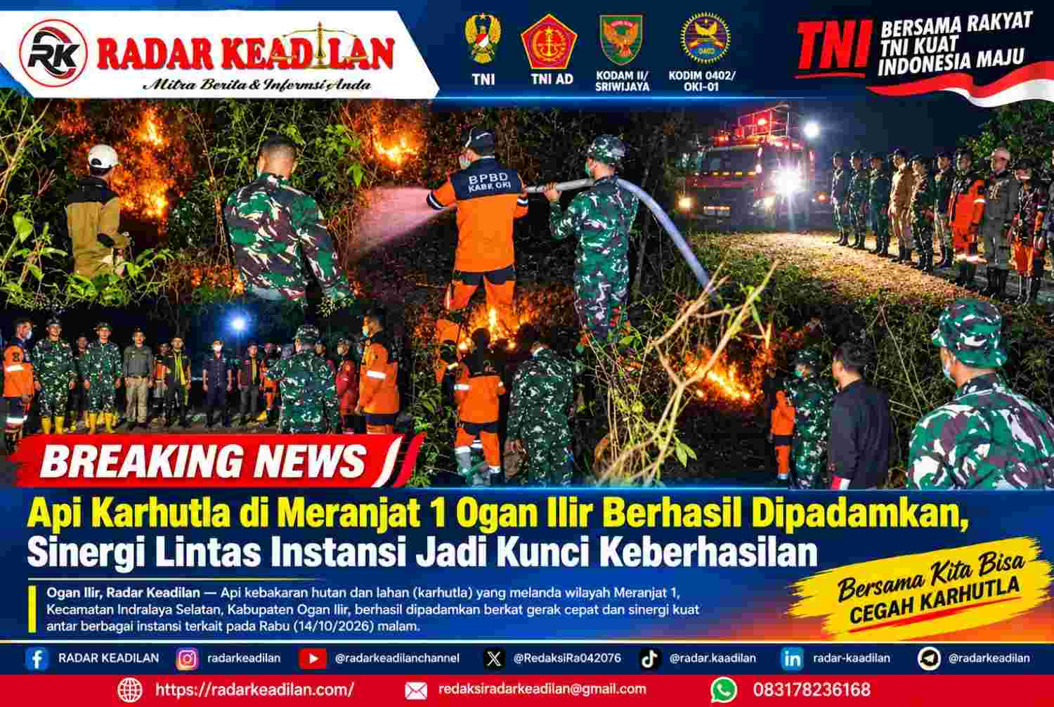 Api Karhutla di Meranjat 1 Ogan Ilir Berhasil Dipadamkan, Sinergi Lintas Instansi Jadi Kunci Keberhasilan