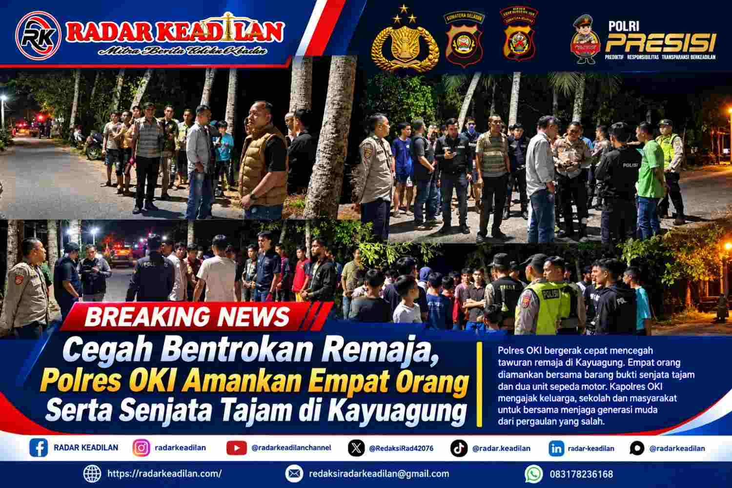 Cegah Bentrokan Remaja, Polres OKI Amankan Empat Orang Serta Senjata Tajam di Kayuagung