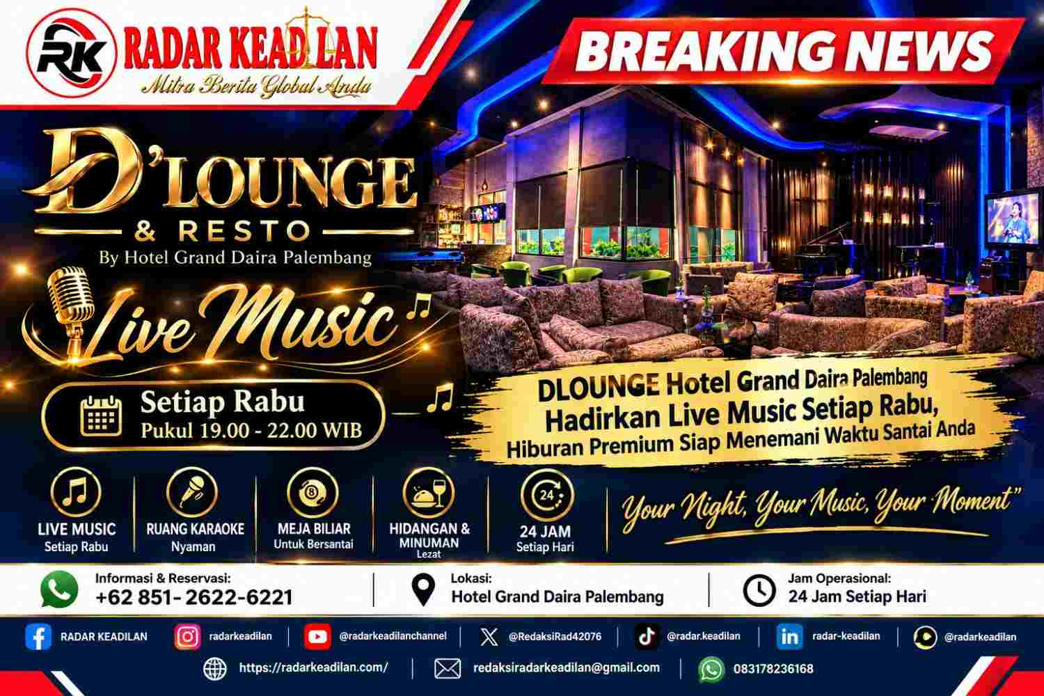 DLOUNGE Hotel Grand Daira Palembang Hadirkan Live Music Setiap Rabu, Hiburan Premium Siap Menemani Waktu Santai Anda