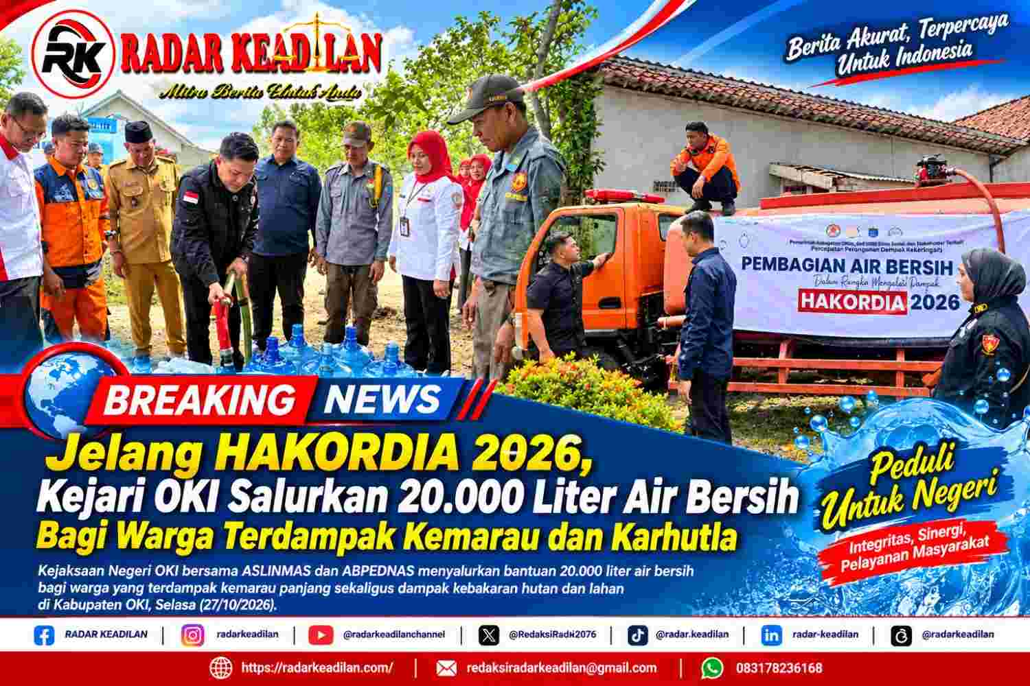 Jelang HAKORDIA 2026, Kejari OKI Salurkan 20.000 Liter Air Bersih Bagi Warga Terdampak Kemarau dan Karhutla