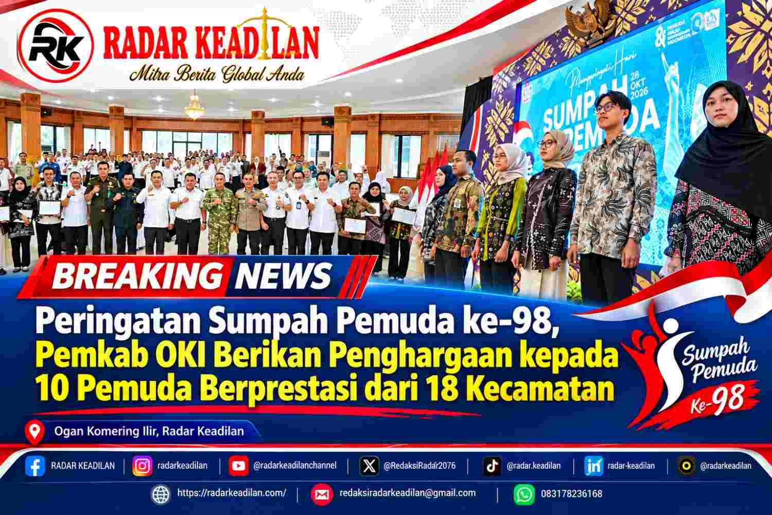 Peringatan Sumpah Pemuda ke-98, Pemkab OKI Berikan Penghargaan kepada 10 Pemuda Berprestasi dari 18 Kecamatan