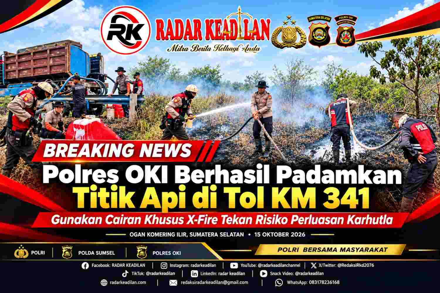 Polres OKI Berhasil Padamkan Titik Api di Tol KM 341, Gunakan Cairan Khusus X-Fire Tekan Risiko Perluasan Karhutla