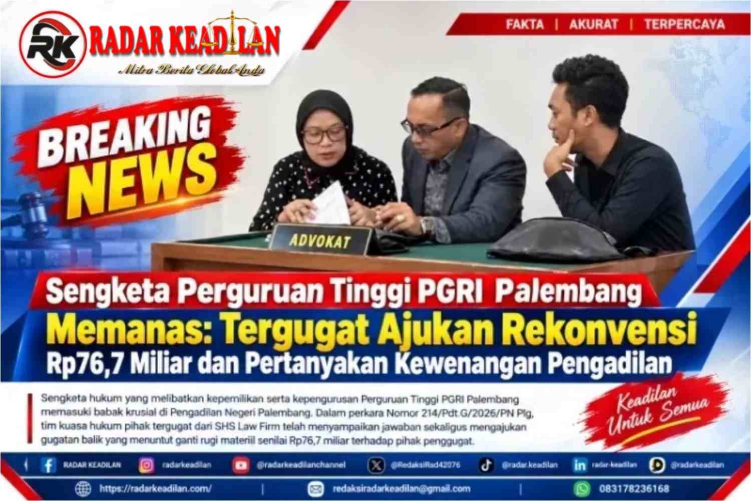 Sengketa Perguruan Tinggi PGRI Palembang Memanas Tergugat Ajukan Rekonvensi Rp76,7 Miliar dan Pertanyakan Kewenangan Pengadilan